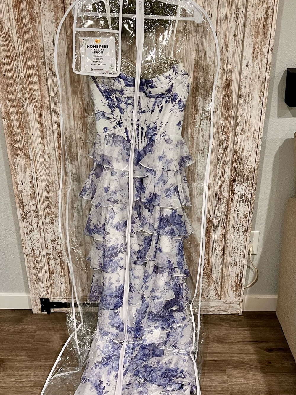Blue and White Printed High-Low Prom Dress - Picture 9 of 13
